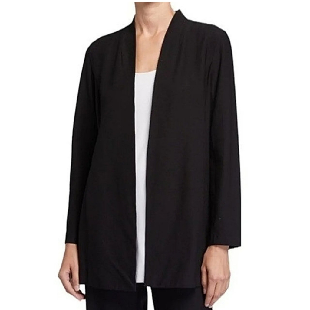 Eileen Fisher Lightweight Washable Stretch Crepe Long Jacket In Dark Gray Size L